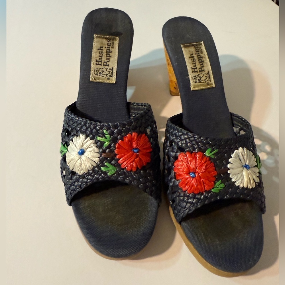 Hush Puppies Navy Blue Woven Floral Slide Mules with Red & White Embroidery